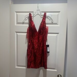 Johnathan Kayne Red Sequin V-Neck Mini Dress